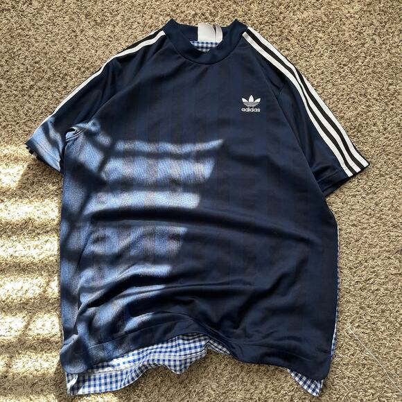 Adidas Originals Men's Polyester Navy Back Checker Print Shirt Size M 3 Striped - Picture 1 of 9